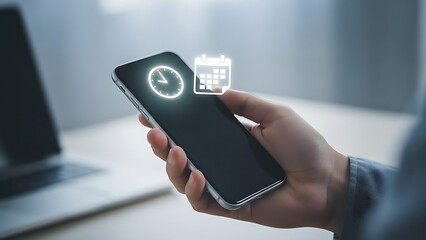 Person holding smartphone with clock and calendar icons glowing mobile phone hand