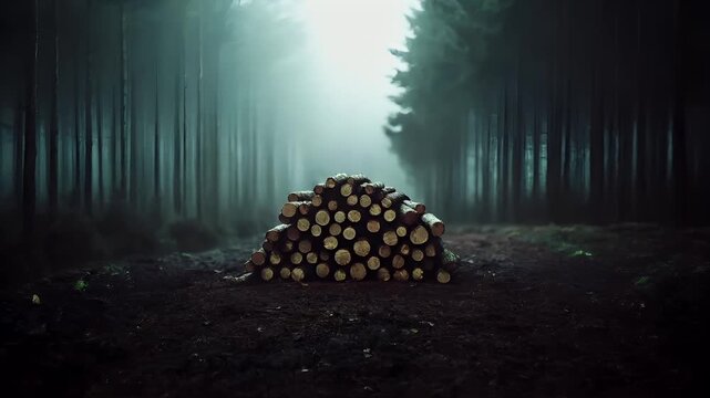 Deforestation. Environment conservation. Ecosystem. A moody, atmospheric forest scene with a stack of logs in the foreground. The style is cinematic.