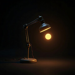 Illuminating the darkness a vintage desk lamp casts a warm, inviting glow on a single light bulb against a stark black background
