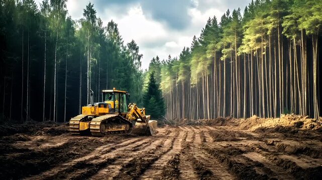 Deforestation. Environment conservation. Ecosystem. A yellow bulldozer on a construction site with a backdrop of a dense forest.