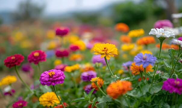 Colorful blooming flowers in the flower park, vibrant daisies and marigolds in full bloom across large areas of greenery, with a variety of red, pink, purple, blue, yellow, and white blossoms, creatin - Powered by Adobe