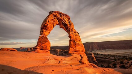 Delicate sandstone arch in desert landscape