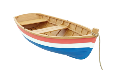 Wooden Rowboat with Red, White, and Blue Stripe Hull