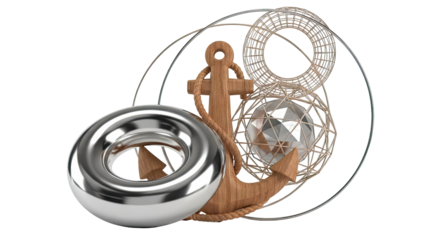 Abstract nautical composition with anchor, rings, and geometric shapes