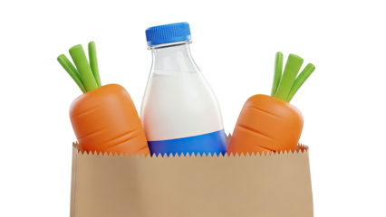 Carrots and milk bottle in a paper bag