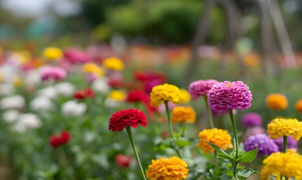 Colorful blooming flowers in the flower park, vibrant daisies and marigolds in full bloom across large areas of greenery, with a variety of red, pink, purple, blue, yellow, and white blossoms, creatin - Powered by Adobe