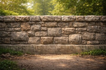 A stone wall stands in a park surrounded by trees and greenery. The sun shines down, creating a bright atmosphere.