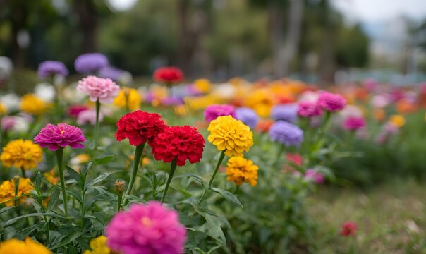 Colorful blooming flowers in the flower park, vibrant daisies and marigolds in full bloom across large areas of greenery, with a variety of red, pink, purple, blue, yellow, and white blossoms, creatin - Powered by Adobe