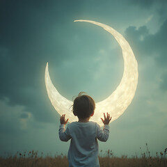 A child's wonder reaching for the radiant moon in a dreamlike, twilight landscape under a vast, cloudy sky