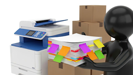 Person holding documents near a printer and boxes