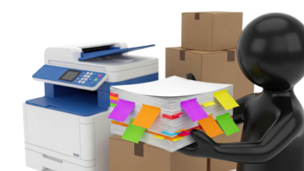Person holding documents near a printer and boxes