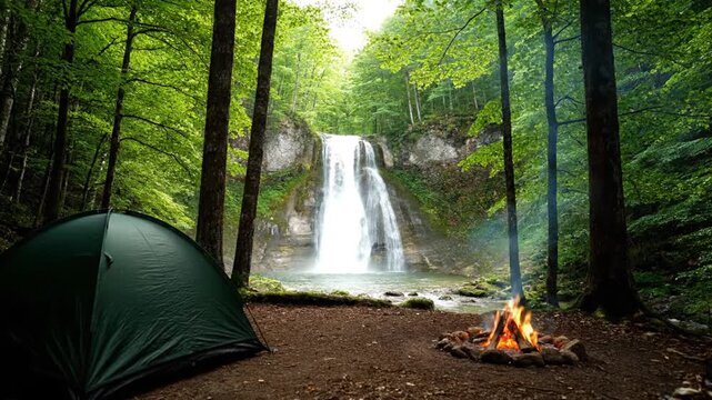Serene forest campsite with waterfall and campfire in wilderness.