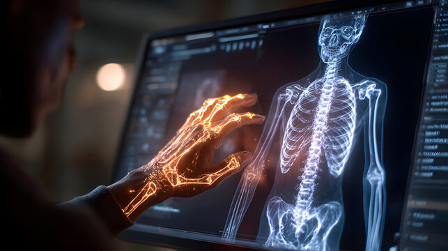 digital x-ray human body holographic scan projection,DXA bone density scan on a monitor in a woman to prevent osteoporosis.