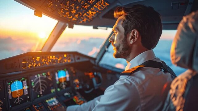 Pilot flying airplane at golden hour with stunning sunset view from cockpit