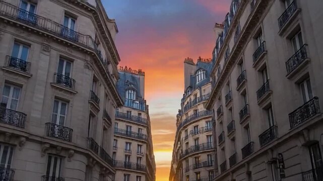 Beautiful Parisian street scene at sunset with stunning architecture and vibrant colors.
