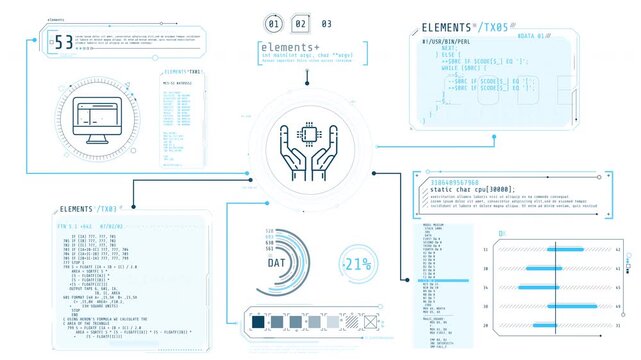 Screen with animated programming codes and infographic elements