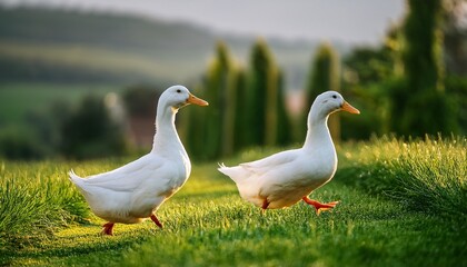 Two White Ducks Walking On The Grass In A Rural Setting