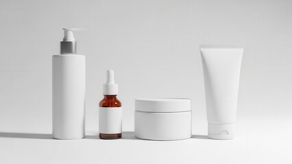 Four unbranded white cosmetic containers, including a dropper bottle and cream jar, are professionally displayed in a clean studio shot with a bright, minimalist aesthetic on a seamless white