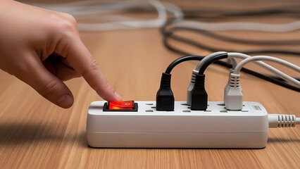 Finger presses red power switch on white surge protector with multiple plugs hand pressing