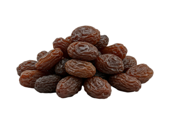 Small compact pile of dark brown, plump, wrinkled sun-dried raisins with natural texture, centrally against a uniform transparent background, shadow-free, commercial product photography concept