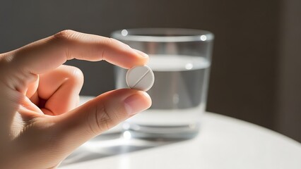 Hand Holding White Pill With Glass of Water In Background