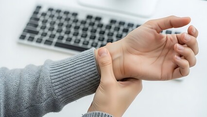 Person holding wrist in pain near a computer keyboard hand injury