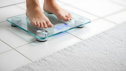 Person's bare feet standing on a digital glass bathroom scale showing weight
