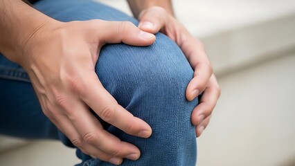 Person in blue jeans holding their knee in pain injury ache