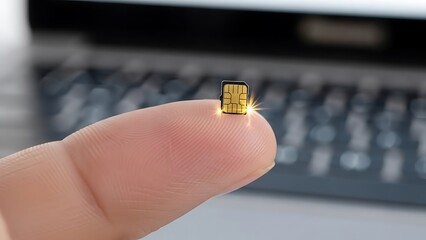 Tiny SIM card resting on fingertip with blurred laptop keyboard background SIM card microchip