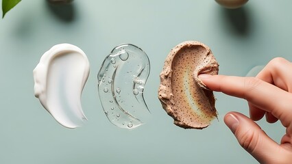 Swatches of cosmetic products and a finger touching scrub beauty product