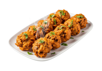 crispy pakora bites on plate with herbs