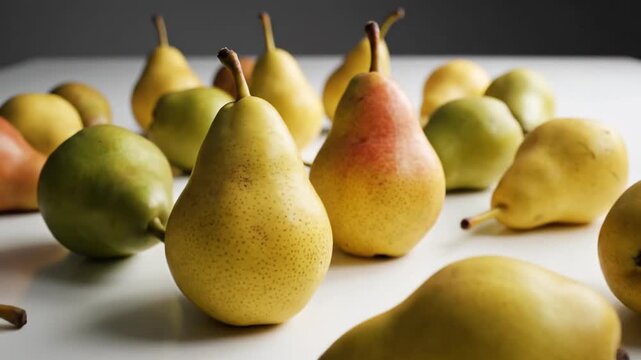 A bountiful arrangement of fresh pears in various stages of ripeness scattered on a white surface, showcasing natural beauty and healthy harvest.