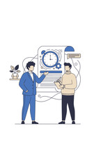 Two businessmen discussing project timeline and strategy on a whiteboard.