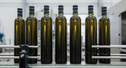 Olive oil bottles arranged on an industrial production line, showcasing manufacturing and quality control.