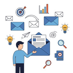 Man interacting with a large open email envelope surrounded by communication icons.