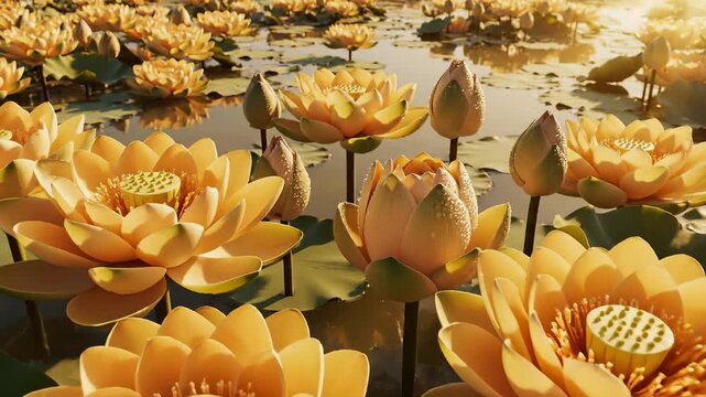 Lotus Flowers Blooming Gently in a Pond at Golden Hour, Beautiful Render