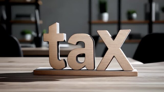 Tax return season. wooden letters spelling out the word tax on a wooden stand on a table.