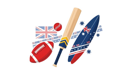 Australian Sports and Recreation Symbols Cricket Bat, Rugby Ball, Surfboard, and Flags