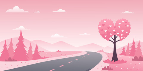 Obraz premium a pink road with a heart shaped tree and mountains in the background
