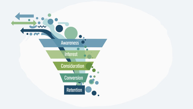 Marketing funnel illustrating customer acquisition stages from awareness and interest to consideration, conversion, and retention.