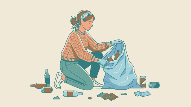 Woman collecting trash for recycling and environmental protection.