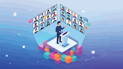 A presenter on a stage addressing an audience via video screens, representing online conferences, webinars, virtual events, and digital presentations.