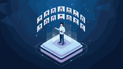 A presenter on a stage interacting with a virtual audience displayed on screens, symbolizing online presentations, virtual meetings, and digital engagement.