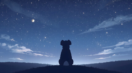 A silhouette of a dog sitting on a hill, gazing up at a beautiful starry night sky with a crescent moon and faint clouds.