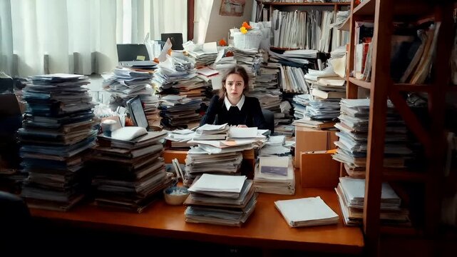 Tax return season. A woman in a cluttered office surrounded by stacks of papers and binders.