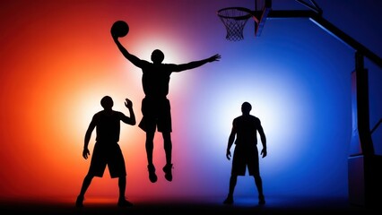 Silhouettes of three basketball players in action against a vibrant red and blue background with a basketball hoop