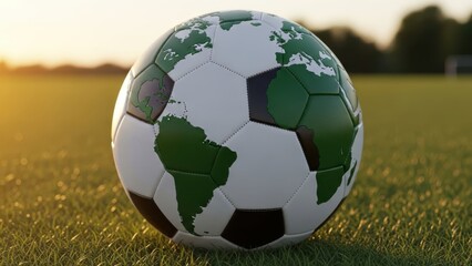 A soccer ball with a green and white map design sitting on a grassy field at sunset