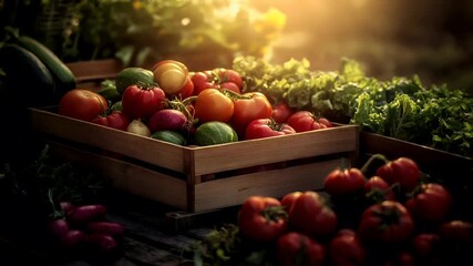 Organic food. Healthy quality lifestyle. A closeup of a wooden crate filled with fresh vegetables, including tomatoes and cucumbers, set against a backdrop of a sunlit garden.