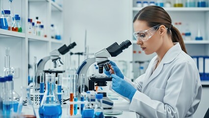 A scientist meticulously examining a sample in a laboratory, surrounded by scientific equipment. She is wearing protective gear and is focused on her research
