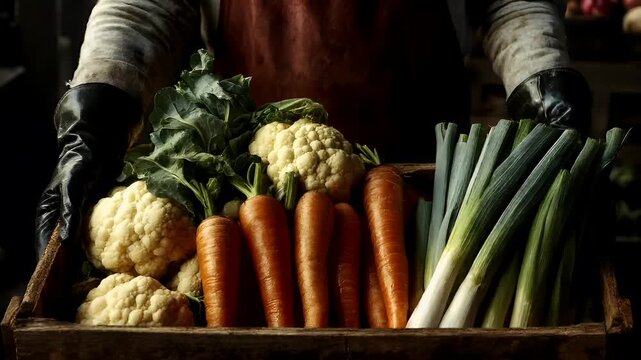 Organic food. Healthy quality lifestyle. A man in a red apron and black gloves holds a wooden crate filled with fresh vegetables. The vegetables include cauliflower, carrots, and green onions.
